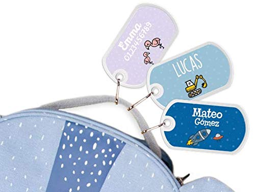 Etiqueta para bolsos, mochilas, maletas personalizadas - Bienpegado, medidas: 50 x 28 mm - Perfectas para marcar mochilas escolares, maletas, artículos de aseo, etc. (Tema para niños)