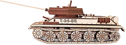 EWA Eco-Wood-Art Tanque T-34-85-Rompecabezas mecánico 3D de madera,Montaje sin pegamento-965 piezas, color naturaleza (Tank T-34-85)