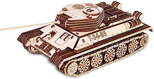 EWA Eco-Wood-Art Tanque T-34-85-Rompecabezas mecánico 3D de madera,Montaje sin pegamento-965 piezas, color naturaleza (Tank T-34-85)