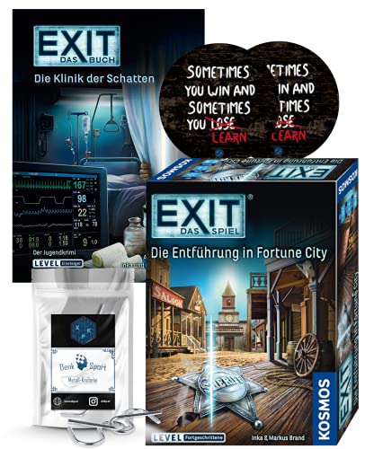 EXIT Das Spiel - Set: Die Entführung in Fortune City + Die Klinik der Schatbuch + 2X Exit Sticker + 1x Metall-Knobelei