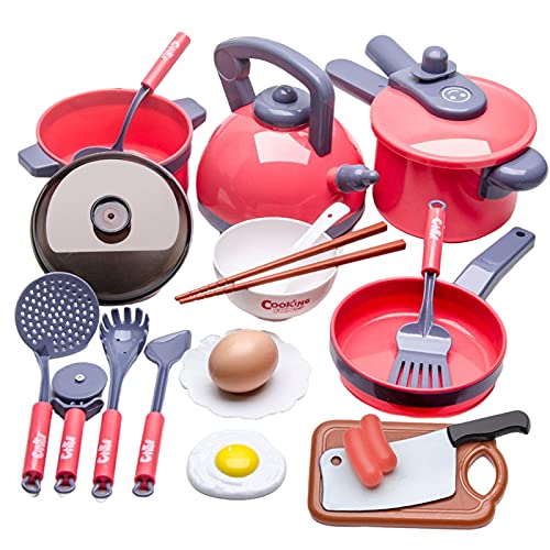 F Fityle 20 Piezas Juego de Ollas y Sartenes para Juegos de Cocina, Juguetes de Utensilios de Cocina, Cocina Surtido de Cocina, Regalo Educativo para Niños - Rojo