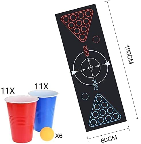 Fabu Beer Pong Kit, Juegos de Bebida, Juego Completo Beer Pong, Alfombra de Juego Beer-Pong, 22 Tazas, 6 Pelotas, para Juego de Noche y Juego de Barbacoa para Adultos（180cm * 60cm）