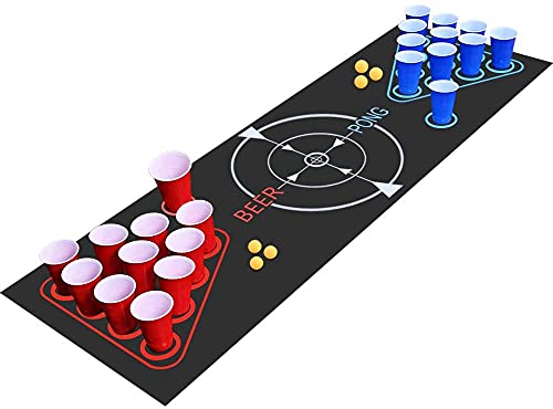 Fabu Beer Pong Kit, Juegos de Bebida, Juego Completo Beer Pong, Alfombra de Juego Beer-Pong, 22 Tazas, 6 Pelotas, para Juego de Noche y Juego de Barbacoa para Adultos（180cm * 60cm）