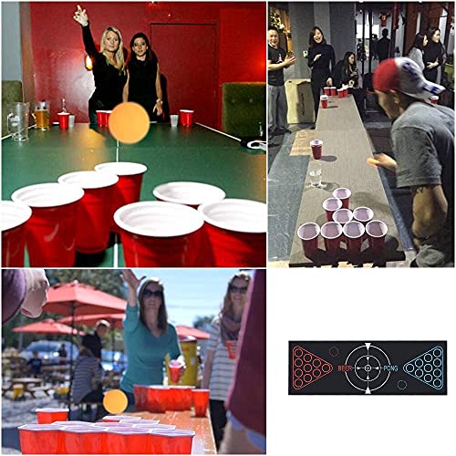 Fabu Beer Pong Kit, Juegos de Bebida, Juego Completo Beer Pong, Alfombra de Juego Beer-Pong, 22 Tazas, 6 Pelotas, para Juego de Noche y Juego de Barbacoa para Adultos（180cm * 60cm）