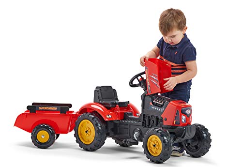 Falk- Tracteur à pédales Supercharger Rouge Avec Capot ouvrant et remorque Tractores, Color Rojo (2030AB)