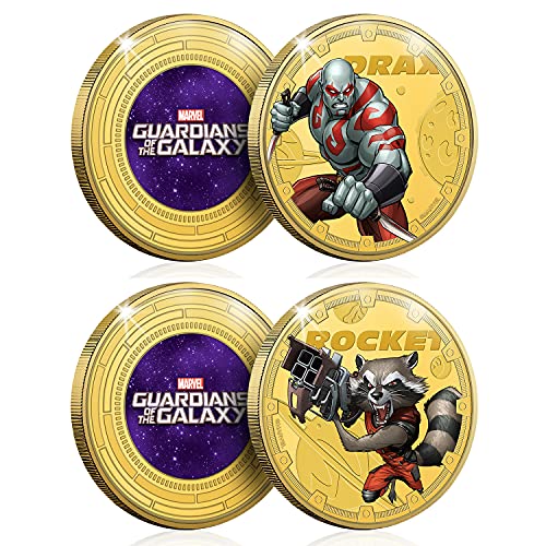 FANTASY CLUB Marvel Colección Completa Guardianes de la Galaxia - 8 Monedas / Medallas conmemorativas acuñadas con baño en Oro 24 Quilates y coloreadas a 4 Colores - 44mm