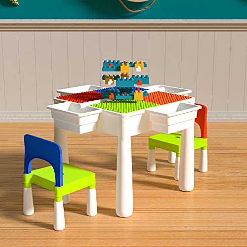 FAYDUDU Juego de Mesa y Silla para niños 5 en 1 Mesa multiactividad con 2 sillas Incluye 120 Bloques de Gran tamaño Juguetes para niños y niñas Juego de Mesa para Jugar y Construir (Azul Rojo)