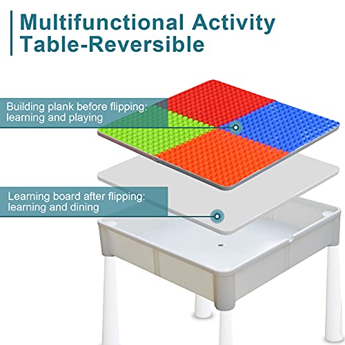 FAYDUDU Juego de Mesa y Silla para niños 5 en 1 Mesa multiactividad con 2 sillas Incluye 120 Bloques de Gran tamaño Juguetes para niños y niñas Juego de Mesa para Jugar y Construir (Azul Rojo)