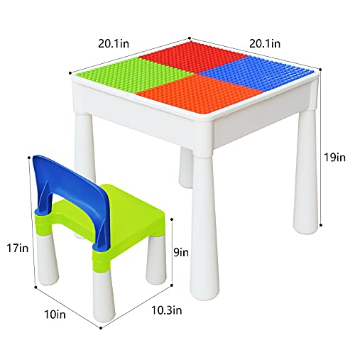 FAYDUDU Juego de Mesa y Silla para niños 5 en 1 Mesa multiactividad con 2 sillas Incluye 120 Bloques de Gran tamaño Juguetes para niños y niñas Juego de Mesa para Jugar y Construir (Azul Rojo)