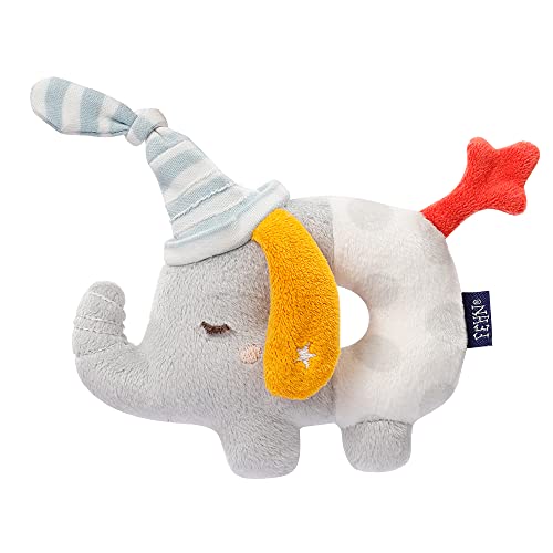 Fehn 053111 - Sonajero con forma de elefante, juguete de motricidad con sonajero y bordado"brilla en la oscuridad", fiel compañero para bebés y niños pequeños a partir de 0 meses multicolor