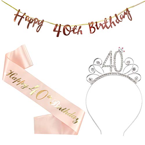 Feliz 40 Cumpleaños Faja de Satén Oro Rosa Guirnalda Feliz Cumpleaños Cumpleaños Sash 40th Diadema Tiara Cristal Cumpleaños Faja Banda de Satén Cumpleaños Sash Decoracíon Regalos para Cumpleaños