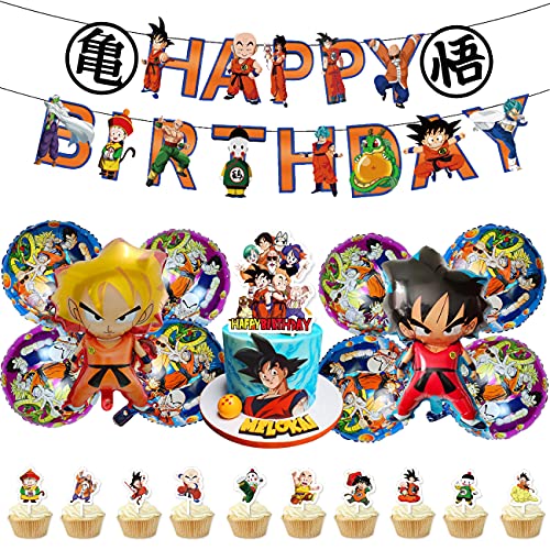 Fiesta de Cumpleaños de Dragon Ball - Miotlsy 22 Piezas Dragon Ball Z Globos Fiesta Happy Birthday Banner Cake Topper para Niño Cumpleaños Decoración