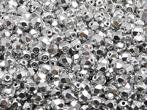 Fire-Polished Beads, 4 mm, 100 piezas, cuentas de vidrio facetadas redondas checas, pulido al fuego, Crystal/Full Labrador (silver metallic)