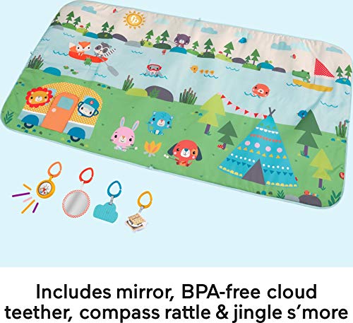 Fisher-Price Alfombra de Juego Extra Big Adventures - Con 4 Juguetes - Sin BPA - Motricidad Fina - 1,5 m x 81,2 cm - Regalo para Bebés de 0+ Meses