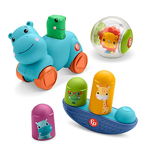 Fisher-Price Movimientos Kit de juego con bola león, cochecito hipopótamo y balancín de animales, juguete para bebés +9 meses (Mattel HFJ94)