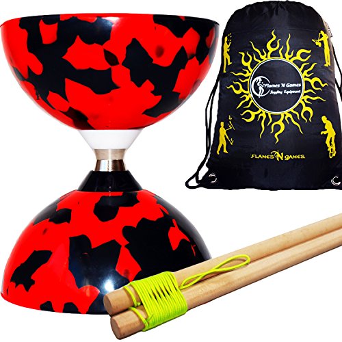 Flames 'N Games Juggle Dream Jester Bearing Diábolo, juego de bastones de madera, incluye cuerda bolsa de viaje (rojo negro)