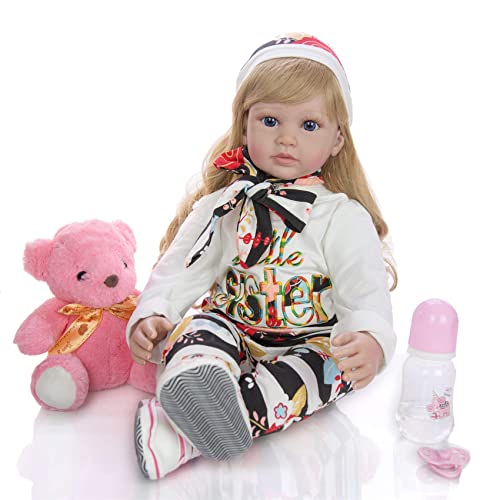 FMONH Reborn Baby Doll 60 Cm Dorado Rizos Largos Realista Princesa 24 Pulgadas Cuerpo De Tela De Silicona Reborn para Niña Regalo De Cumpleaños Regalo para Niños Juguete De Baño