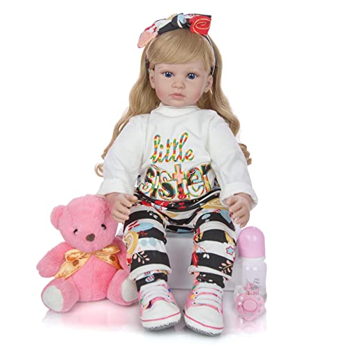 FMONH Reborn Baby Doll 60 Cm Dorado Rizos Largos Realista Princesa 24 Pulgadas Cuerpo De Tela De Silicona Reborn para Niña Regalo De Cumpleaños Regalo para Niños Juguete De Baño