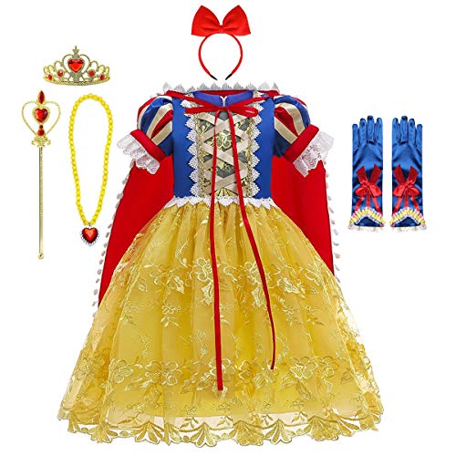 FMYFWY Niñas Vestidos de Blancanieves con Capa Disfraz de Carnaval Princesa Cumpleaños Traje de Halloween Navidad Fiesta de Cosplay Ceremonia Aniversario Bautizo Comunión Boda + Accesorios 6-7