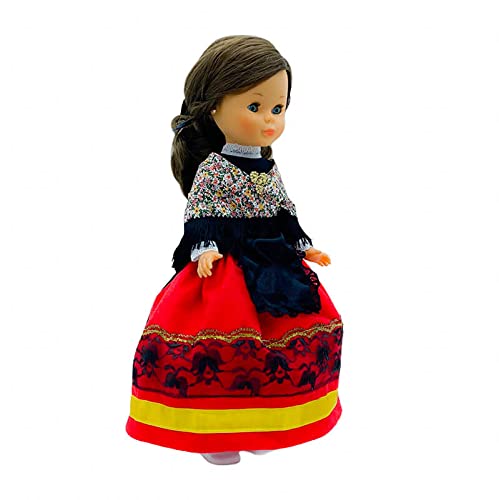 Folk Artesanía Set Vestido Regional típico Cacereña Cáceres, mantón y Percha para muñeca Nancy, Sintra, Mina, Noa. Muñeca no incluida. Fabricado en España.