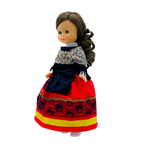 Folk Artesanía Set Vestido Regional típico Cacereña Cáceres, mantón y Percha para muñeca Nancy, Sintra, Mina, Noa. Muñeca no incluida. Fabricado en España.