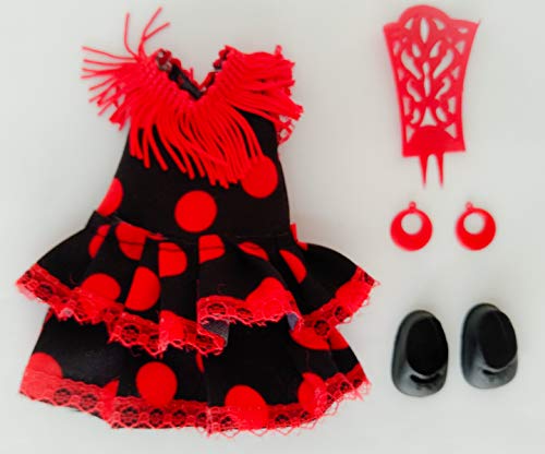 Folk Artesanía Vestido y complementos Regional típico Andaluza o Flamenca con peineta muñeca Barriguitas de Famosa. Muñeca no incluida en el Lote.