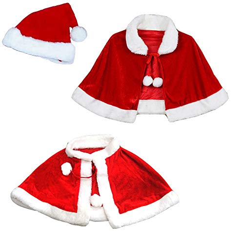 Fontee® Niñas Navidad Rojo Capa Terciopelo Saco de Disfraces para Niños y Gorro Navideño para Niños (Longitud 41 cm)