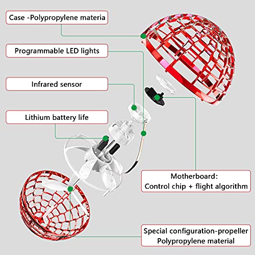 FORMIZON Bolas Voladoras, Mini UFO Drone, Juguetes Voladores Controlados A Mano, Bumeranes Juguete Volador de Inducción, Juguete de Dedo Volador Giratorio con luz RGB de Colores (Rojo)