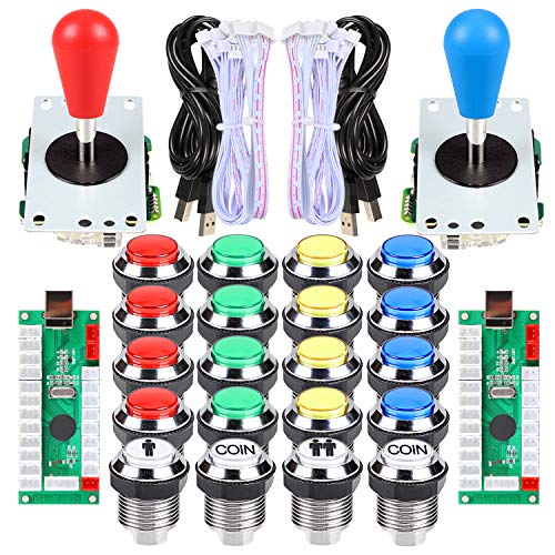 Fosiya 2 Jugador Arcade DIY Kit Arcade Ellipse Oval Style 8 Ways Bat Joystick + LED Chrome Arcade Botones para Videojuegos Mame PC Windows Raspberry Pi 3 4 (Mix Color)