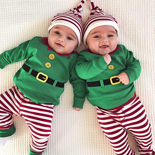 Fossen Niño Niña Rayas Disfraz Conjunto Duende Verde Traje Falda Navidad Cosplay, Conjunto Navidad de Bebé Niño Recien Nacido Elfo