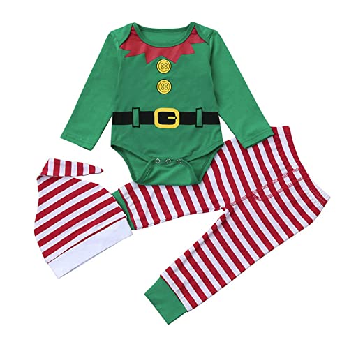 Fossen Niño Niña Rayas Disfraz Conjunto Duende Verde Traje Falda Navidad Cosplay, Conjunto Navidad de Bebé Niño Recien Nacido Elfo