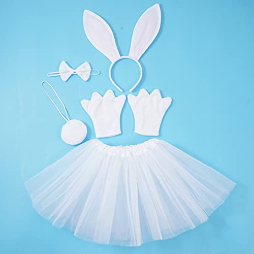 Freebily Juego de Disfraz de Conejo para Niña Pascua Disfraz Diadema con Orejas,Cola y Pajarita, Falda Corta Tutú y Guantes Disfraz Animados Niña Halloween Blanco Talla Única