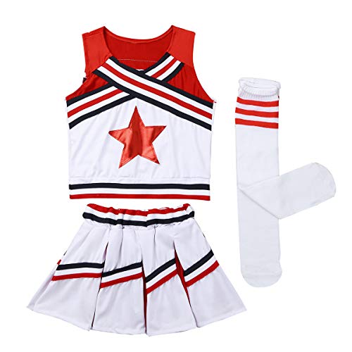 Freebily Traje Disfraz de Animadora Niñas Uniforme Escolar Conjunto Brillo de Animación Cerebración Tank Top sin Mangas Falda Plisada con Calcetines Infantes Rojo 10-12 Años