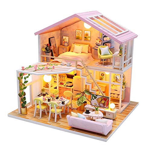 Fsolis Casa de Muñecas en Miniatura de Bricolaje con Mueble, Casa en Miniatura de Madera 3D con Cubierta Antipolvo y , Kit de Regalo Creativo de Casas para Muñecas M2001