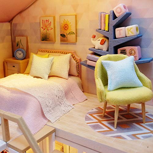 Fsolis Casa de Muñecas en Miniatura de Bricolaje con Mueble, Casa en Miniatura de Madera 3D con Cubierta Antipolvo y , Kit de Regalo Creativo de Casas para Muñecas M2001