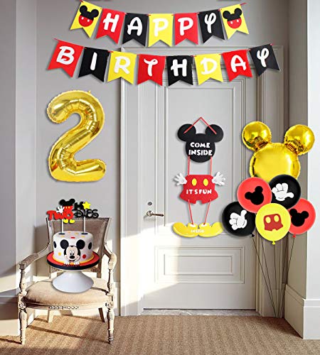 Funmemoir Decoraciones temáticas de Mickey para el Segundo cumpleaños para niños Oh Twodles decoración para Tartas Globos de Aluminio Cartel de Bienvenida de Mickey suspensión de Puerta