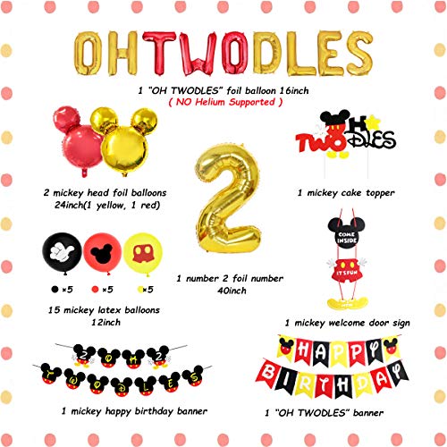 Funmemoir Decoraciones temáticas de Mickey para el Segundo cumpleaños para niños Oh Twodles decoración para Tartas Globos de Aluminio Cartel de Bienvenida de Mickey suspensión de Puerta