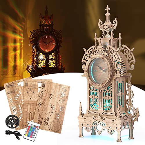 FUNPOLA Rompecabezas de Madera 3D Reloj de Torre LED, Rompecabezas 3D Reloj de Escritorio Modelo DIY Juego de Rompecabezas 3D, Rompecabezas 3D Bloques de construcción arquitectónicos