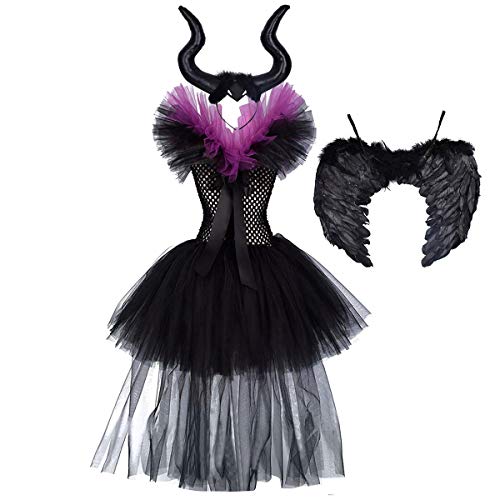 FYMNSI Disfraz de Niña Maléfica Reina Malvada Maleficent Halloween Costume Tutu Vestido de Bruja con Diadema de Cuernos Alas de Angel Conjunto Carnaval Fiesta de Cosplay Disfraces 7-8 Años