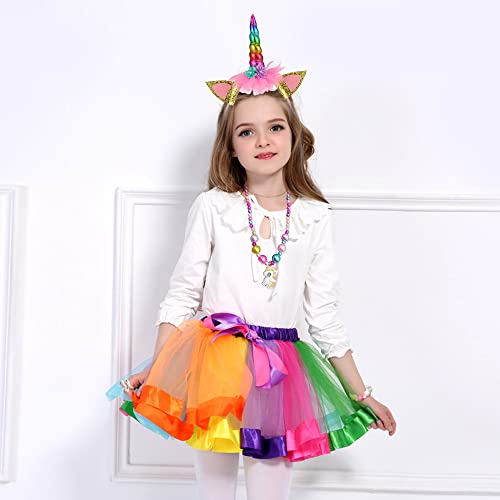 GEEKEO Falda Tutu Arcoiris para Niña, Disfraz Unicornio Niña con Falda Tutu Tul Colores Diadema Unicornio para Niñas Regalo De Cumpleaños,Ballet Baile,Fiesta de Cosplay Carnaval (2-8 años) (M,25CM)