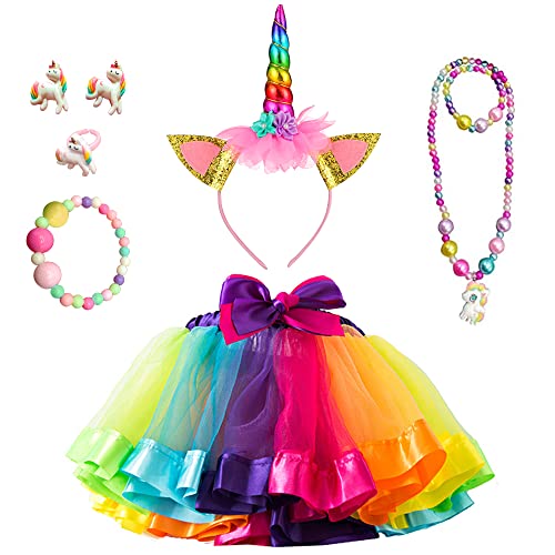 GEEKEO Falda Tutu Arcoiris para Niña, Disfraz Unicornio Niña con Falda Tutu Tul Colores Diadema Unicornio para Niñas Regalo De Cumpleaños,Ballet Baile,Fiesta de Cosplay Carnaval (2-8 años) (M,25CM)