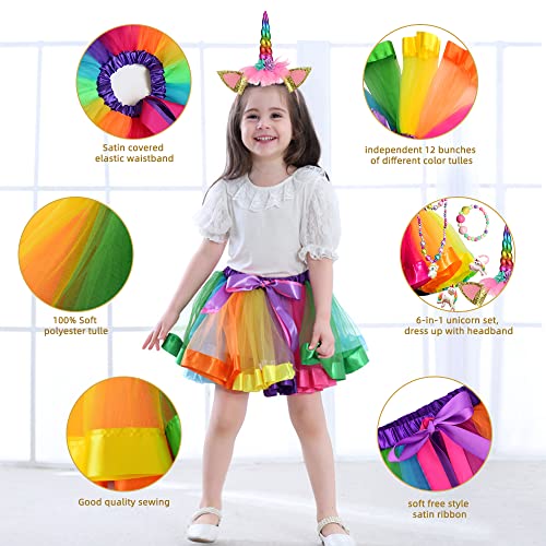 GEEKEO Falda Tutu Arcoiris para Niña, Disfraz Unicornio Niña con Falda Tutu Tul Colores Diadema Unicornio para Niñas Regalo De Cumpleaños,Ballet Baile,Fiesta de Cosplay Carnaval (2-8 años) (L,28CM)