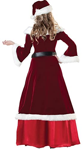 GEMVIE 3 piezas Disfraz de papa noel Disfraz de Madre Navidad Vestido con cuello en V Patinadora Princesa Manga larga Sash Sombrero Pompón Retro Felpa Lujo Mujer Adulto (XL)