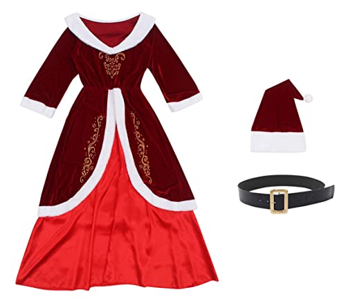 GEMVIE 3 piezas Disfraz de papa noel Disfraz de Madre Navidad Vestido con cuello en V Patinadora Princesa Manga larga Sash Sombrero Pompón Retro Felpa Lujo Mujer Adulto (XL)