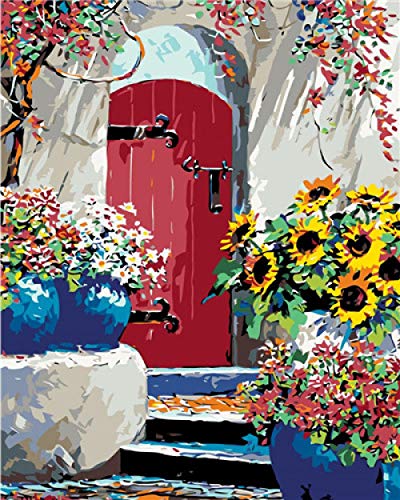 Generic Brands Pintura por Números,Puerta de Madera rojaDIY Pintar por Numeros para Adultos Niñoscon Pinceles y Pinturas, Lienzo Regalo de Pintura para Adultos Mayores (40*50cm Sin Marco)