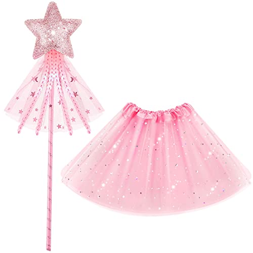 Geyoga Disfraz de Hada Vestido Elegante Lujoso de Princesa Hada Juguetes de Hadas Disfraz de Hada Rosa Disfraz de Princesa Hada Set Varita de Hadas para Halloween Disfraces de Fiesta