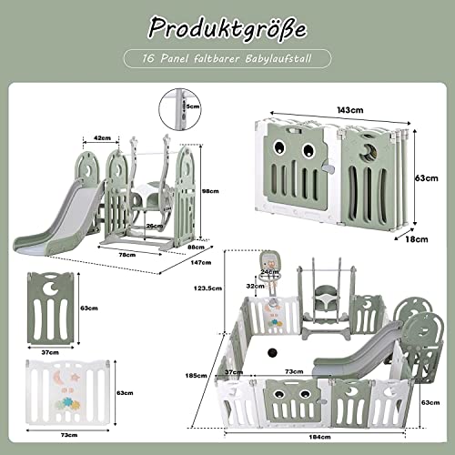 GGMWDSN Corralito Bebe Plegable, Rejilla Protectora de PláStico de 16 Paneles, Barreras de PláStico, Centro de Actividades para NiñOs con Columpio, TobogáN y Aro de Baloncesto para NiñOs,Grün