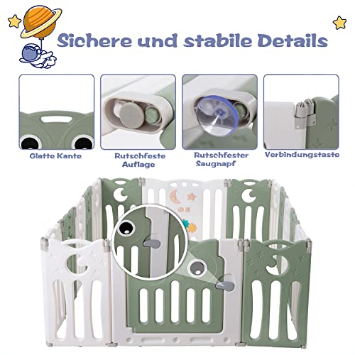 GGMWDSN Corralito Bebe Plegable, Rejilla Protectora de PláStico de 16 Paneles, Barreras de PláStico, Centro de Actividades para NiñOs con Columpio, TobogáN y Aro de Baloncesto para NiñOs,Grün