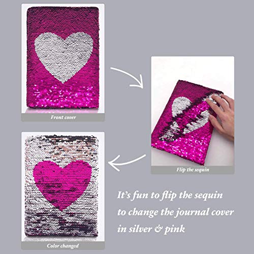 GINMLYDA Magic Reversible Flips Sequin Girls Journal Heart Pattern Rose Red to Sliver, Secret Kids Diary Notebook A5 Size 160 Lined Pages…