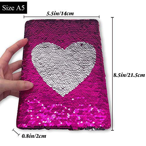 GINMLYDA Magic Reversible Flips Sequin Girls Journal Heart Pattern Rose Red to Sliver, Secret Kids Diary Notebook A5 Size 160 Lined Pages…